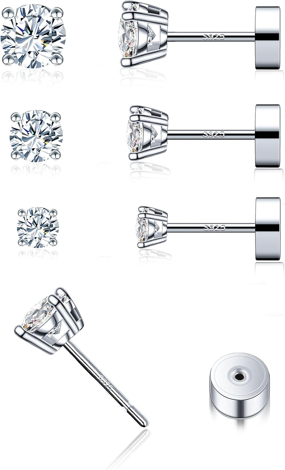 Women's Moissanite Flat Back Stud Earrings - Set of Three Pairs, 925 Sterling Silver, Gold Plated for Cartilage Stacking