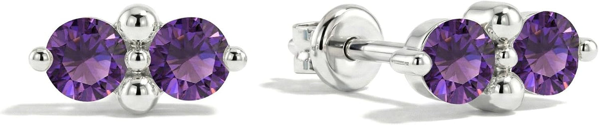 Women's Two Stone Birthstone Stud Earrings - 925 Sterling Silver with Gold Plating, Thirteen Stone Choices for Gifts - 0