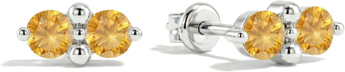 Women's Two Stone Birthstone Stud Earrings - 925 Sterling Silver with Gold Plating, Thirteen Stone Choices for Gifts - 1
