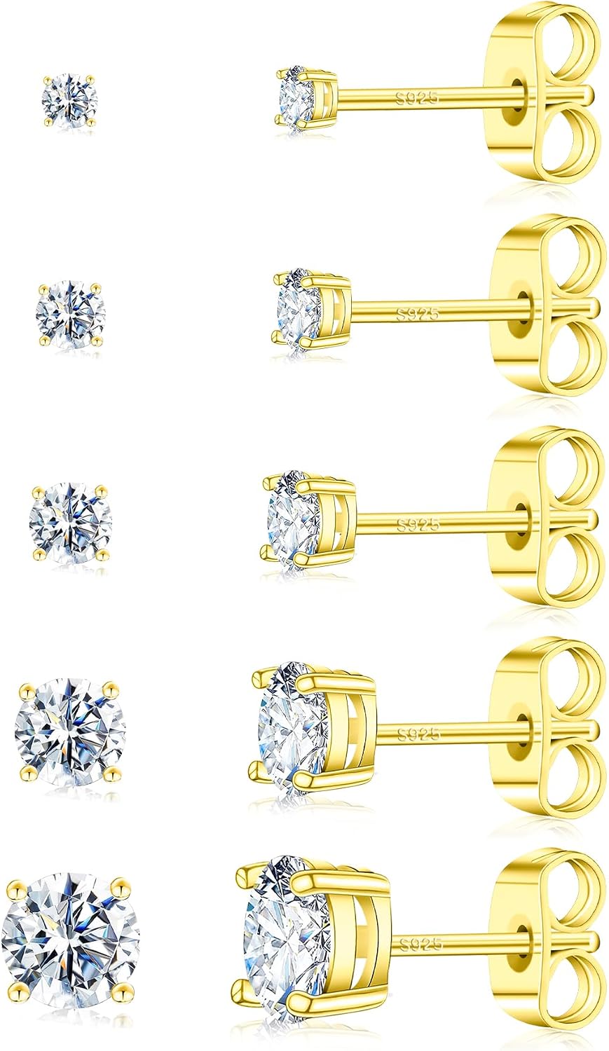 Women's Moissanite Stud Earring Set - Five Pairs in 925 Sterling Silver, Graduated 2mm to 5mm for Stacked Piercings - 18