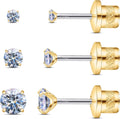 Women's Titanium Flat Back Stud Earrings - Set of Three Pairs, Implant Grade 20G Posts with Moissanite for Sensitive Ear