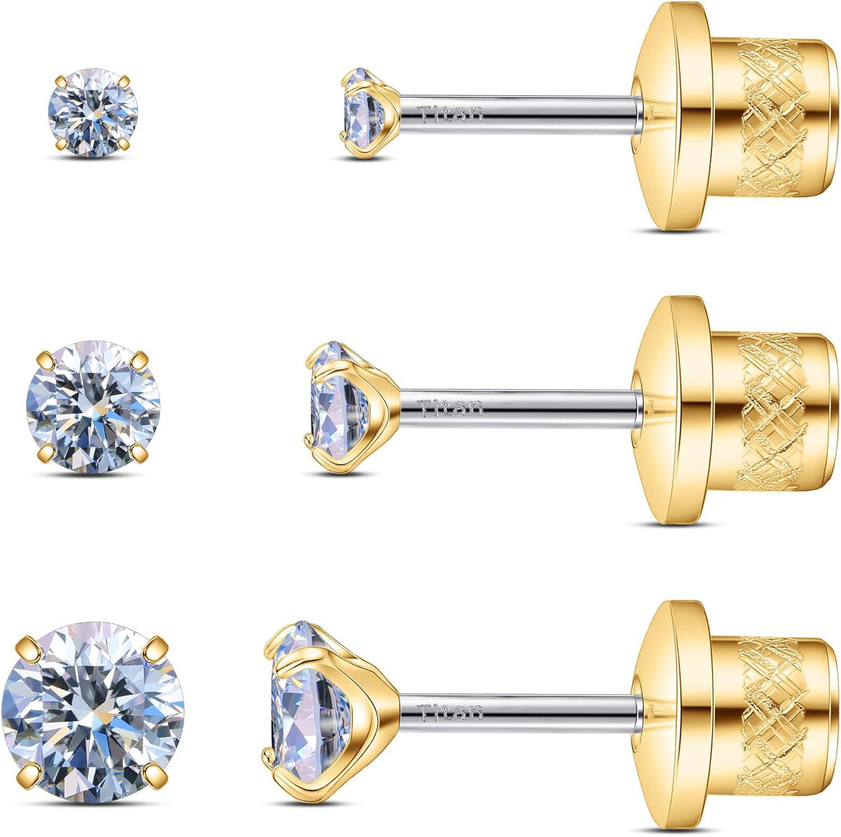 Women's Titanium Flat Back Stud Earrings - Set of Three Pairs, Implant Grade 20G Posts with Moissanite for Sensitive Ear