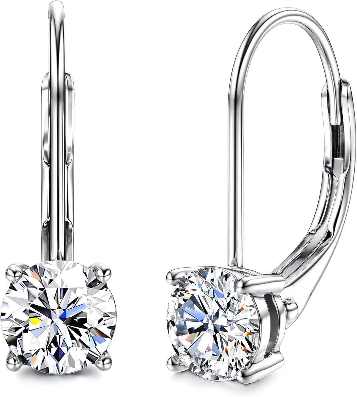 Women's Moissanite Leverback Drop Earrings - Round Brilliant Cut, 925 Sterling Silver, Thirteen Colour Pairings for Wedd