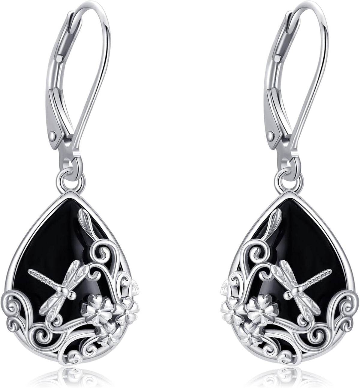 Women's Black Onyx Filigree Drop Earrings - 925 Sterling Silver Scrollwork, Eight Stone and Motif Styles for Evening Wea