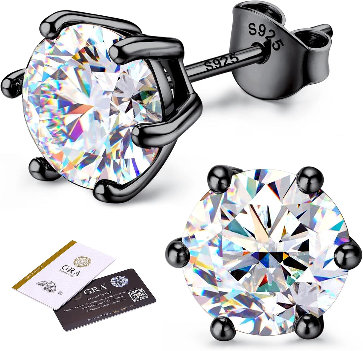 Unisex Moissanite Stud Earrings - Round Brilliant Cut in Four or Six Prong 925 Silver, Nine Finishes and Ten Stone Sizes