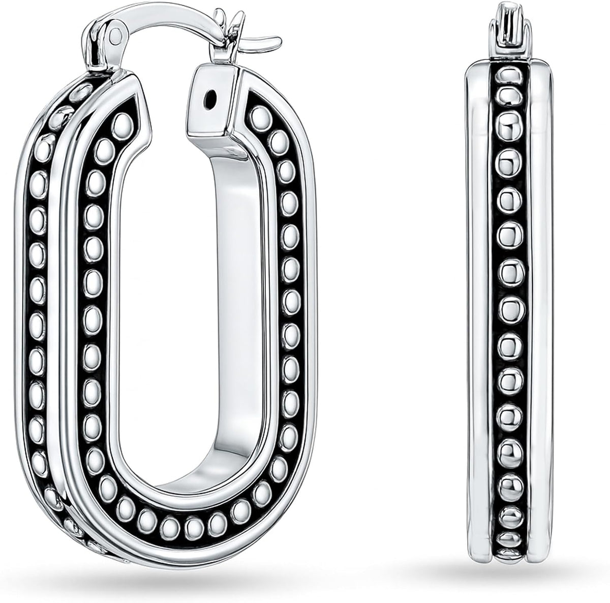 Women's Bali Style Beaded Hoop Earrings - 925 Sterling Silver, Click Top Closure, Antique Two Tone Finish for Daily Wear