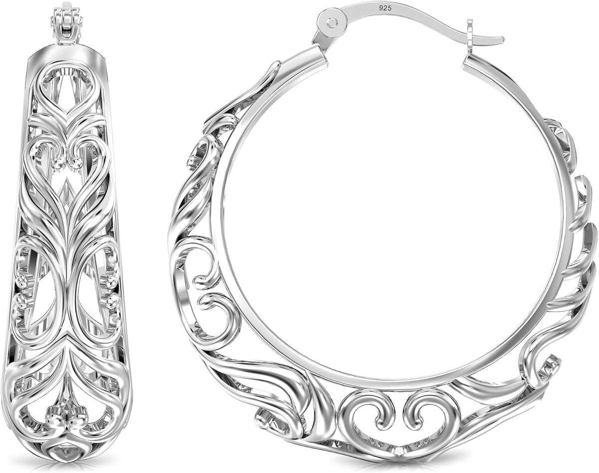 Women's 925 Sterling Silver Filigree Hoop Earrings - Openwork Mesh Cut, Lightweight Vintage Hoops for Everyday Wear - Me