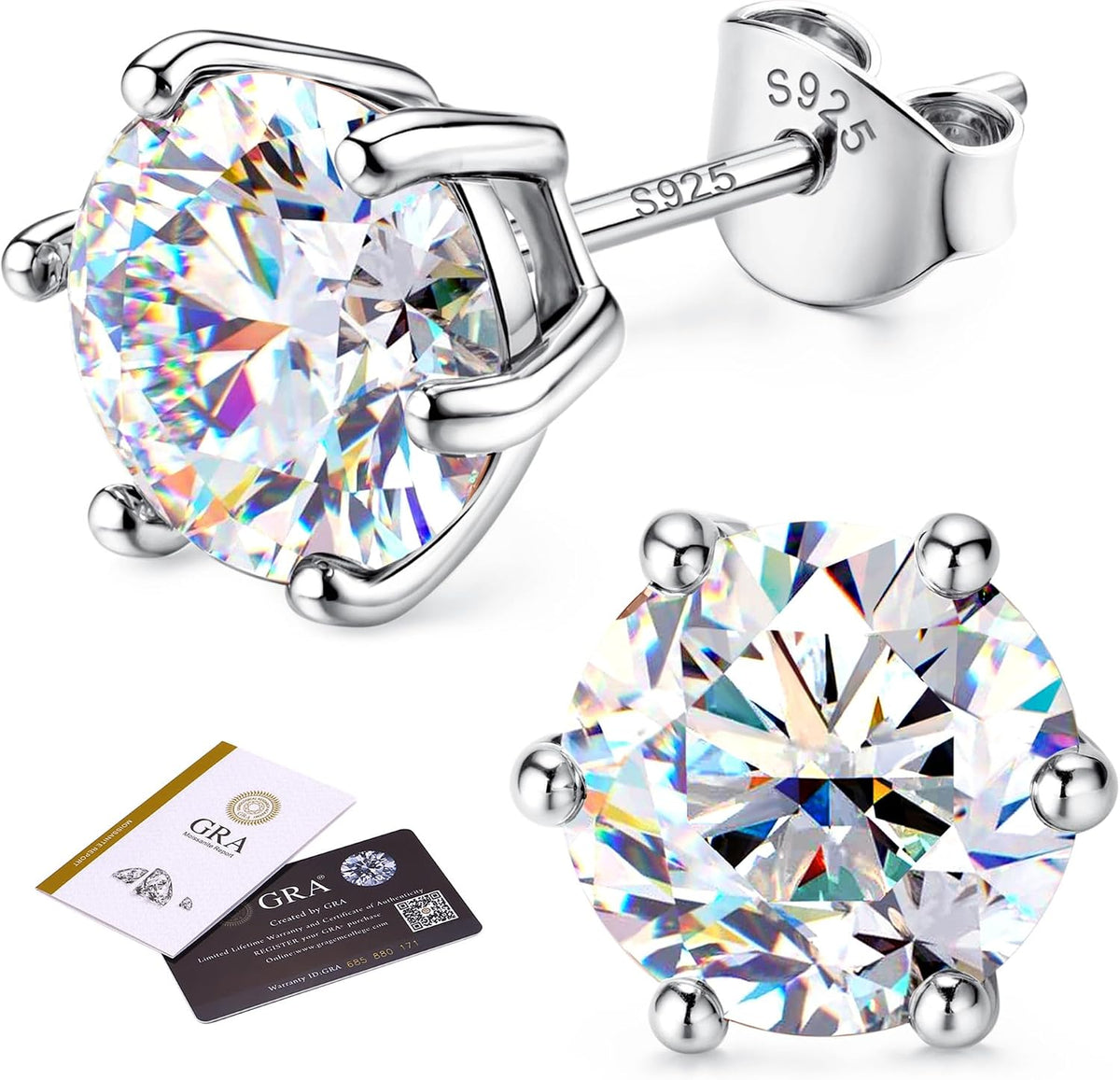 Unisex Moissanite Stud Earrings - Round Brilliant Cut in Four or Six Prong 925 Silver, Nine Finishes and Ten Stone Sizes