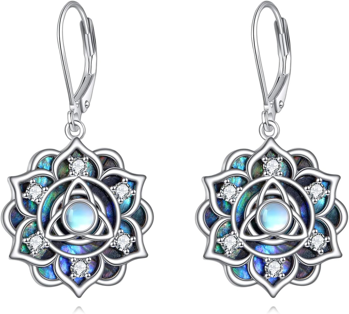 Women's Sterling Silver Lotus Flower Drop Earrings - Openwork Petals, Nine Motif Styles, Lightweight Dangles for Yoga Gi