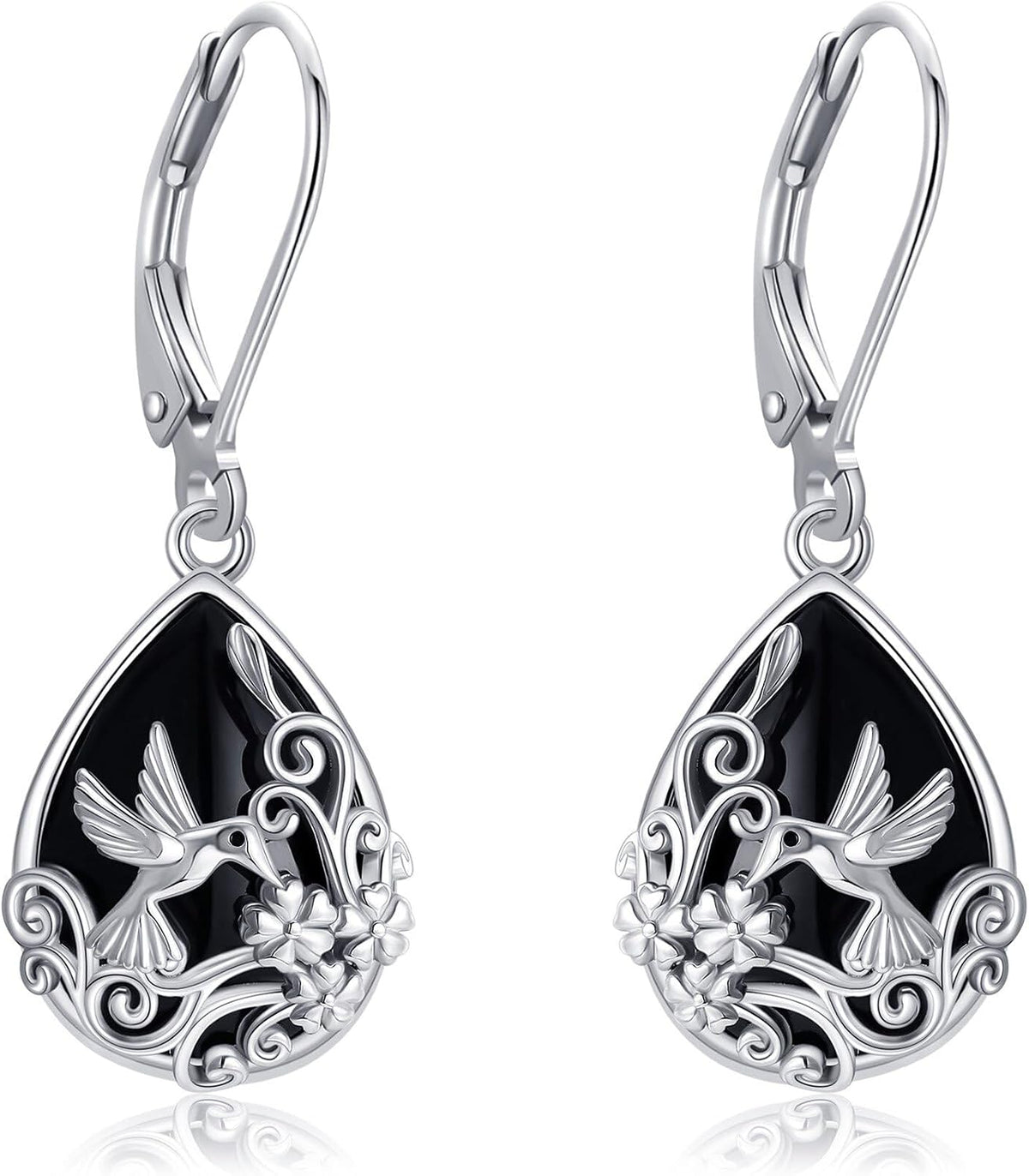 Women's Black Onyx Filigree Drop Earrings - 925 Sterling Silver Scrollwork, Eight Stone and Motif Styles for Evening Wea