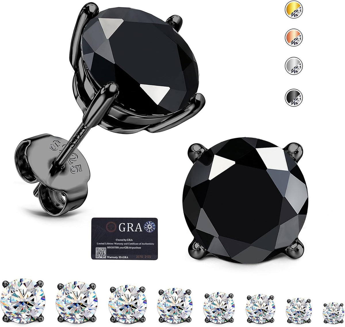 Unisex Moissanite Stud Earrings - Round Brilliant Cut in Four or Six Prong 925 Silver, Nine Finishes and Ten Stone Sizes