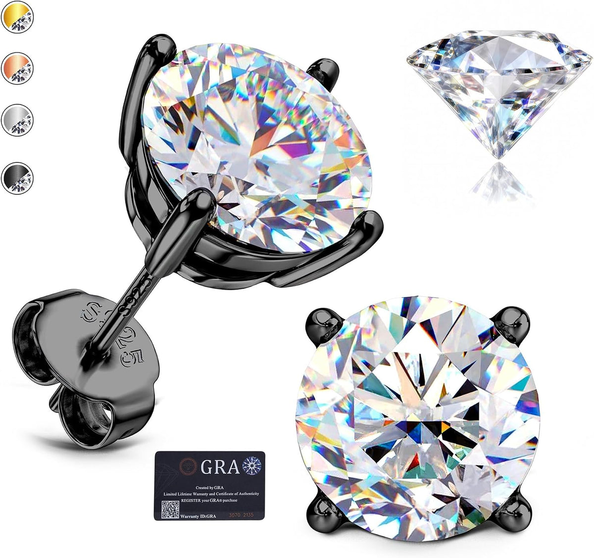 Unisex Moissanite Stud Earrings - Round Brilliant Cut in Four or Six Prong 925 Silver, Nine Finishes and Ten Stone Sizes