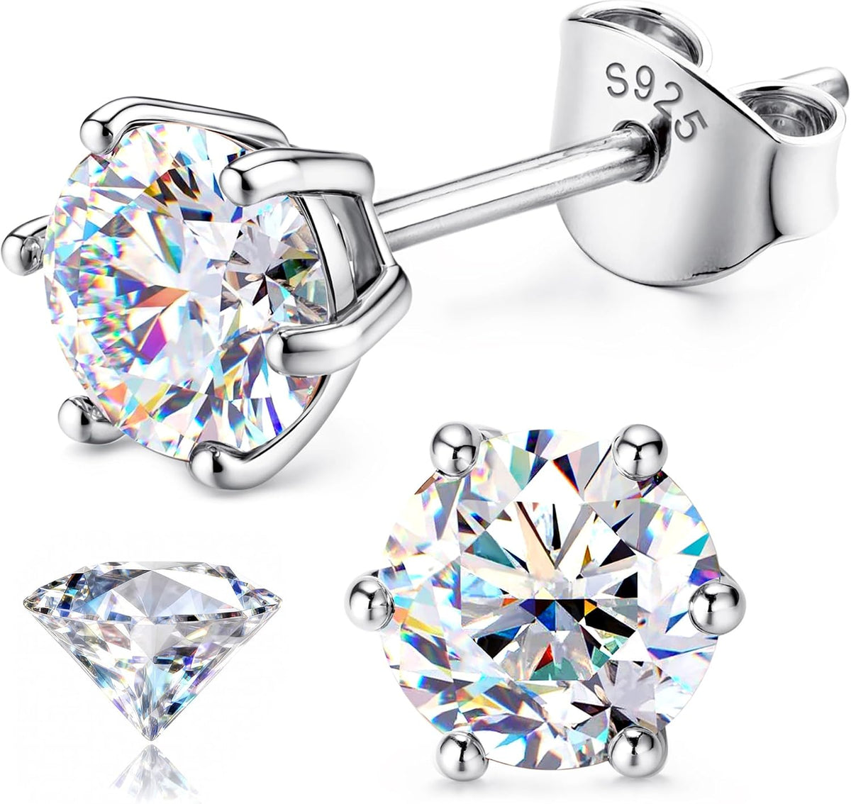 Unisex Moissanite Stud Earrings - Round Brilliant Cut in Four or Six Prong 925 Silver, Nine Finishes and Ten Stone Sizes