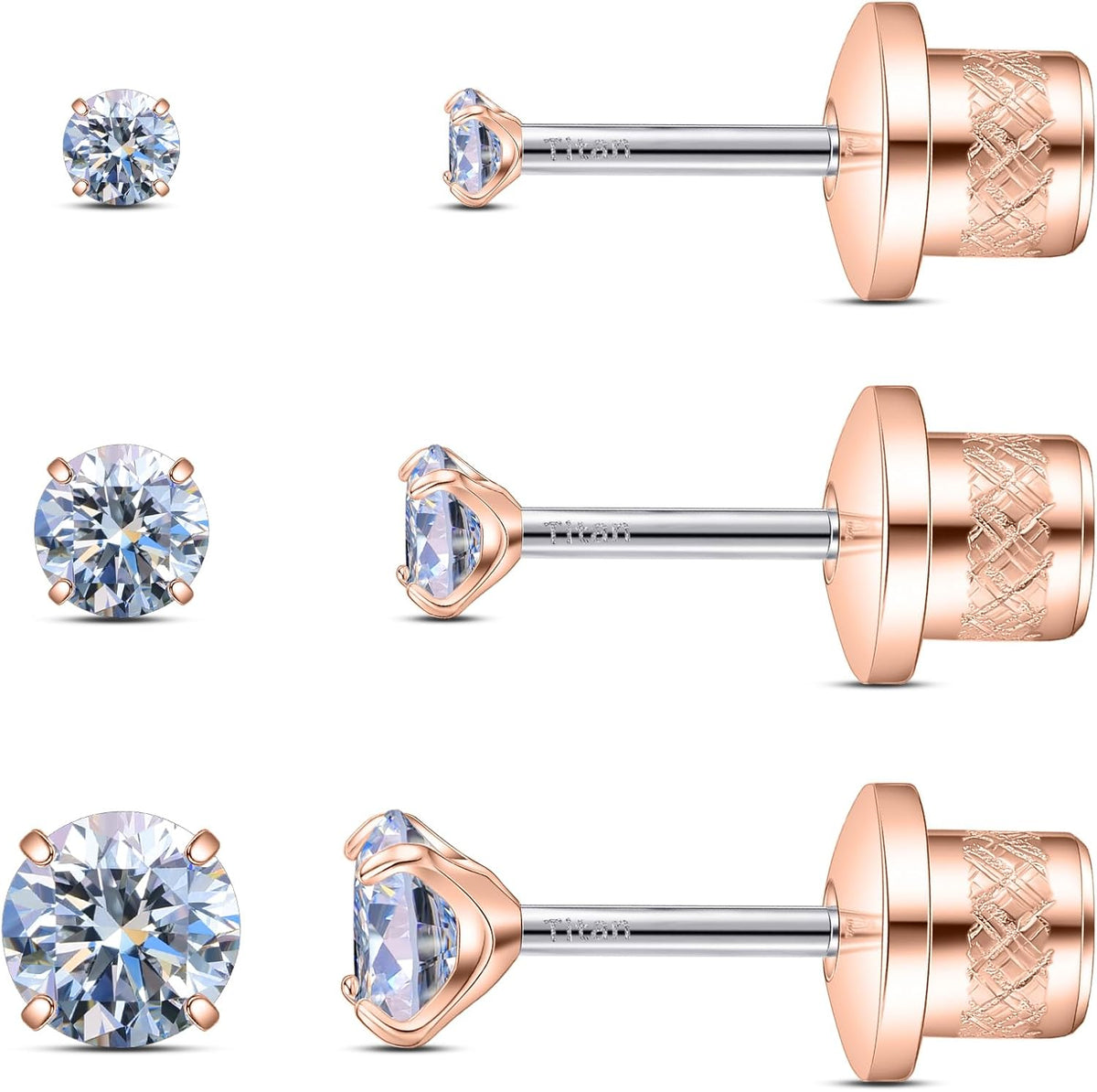 Women's Titanium Flat Back Stud Earrings - Set of Three Pairs, Implant Grade 20G Posts with Moissanite for Sensitive Ear