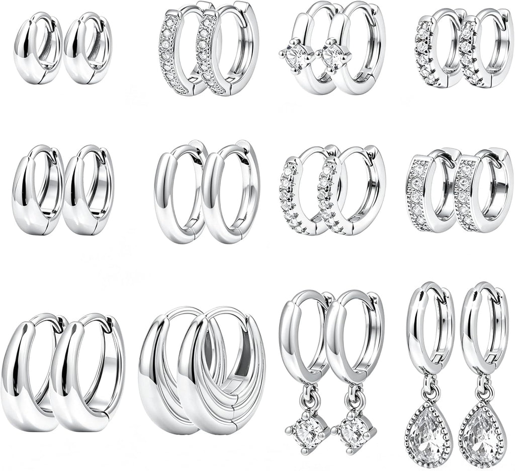 Women's Chunky Huggie Hoop Earring Set - 14K Gold Plated, Up to Eighteen Pairs for Stacking Multiple Piercings - Gold-18