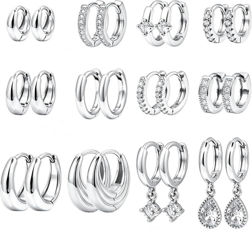 Women's Chunky Huggie Hoop Earring Set - 14K Gold Plated, Up to Eighteen Pairs for Stacking Multiple Piercings - Gold-18