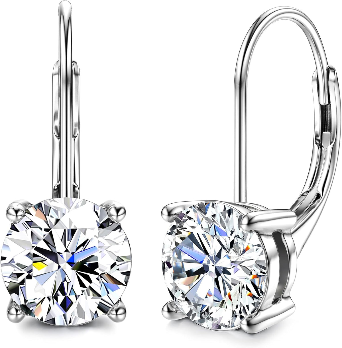 Women's Moissanite Leverback Drop Earrings - Round Brilliant Cut, 925 Sterling Silver, Thirteen Colour Pairings for Wedd
