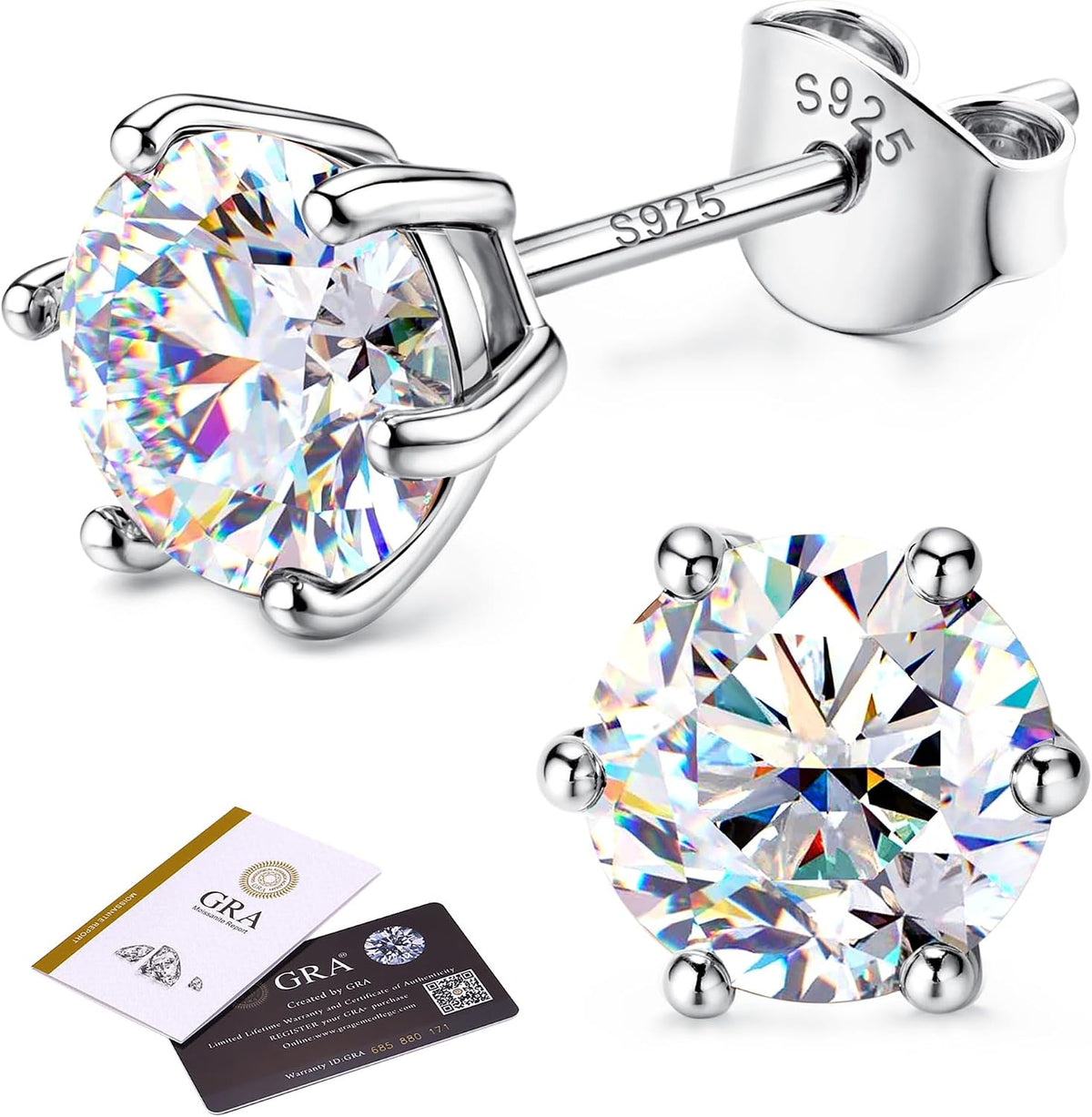 Unisex Moissanite Stud Earrings - Round Brilliant Cut in Four or Six Prong 925 Silver, Nine Finishes and Ten Stone Sizes