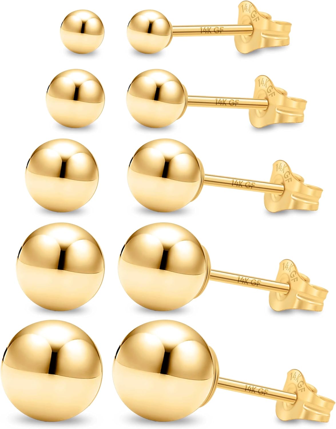Women's 14K Gold Filled Ball Stud Earrings - Polished Round Domes from 3mm to 9mm for Sensitive Ears - 5Mm