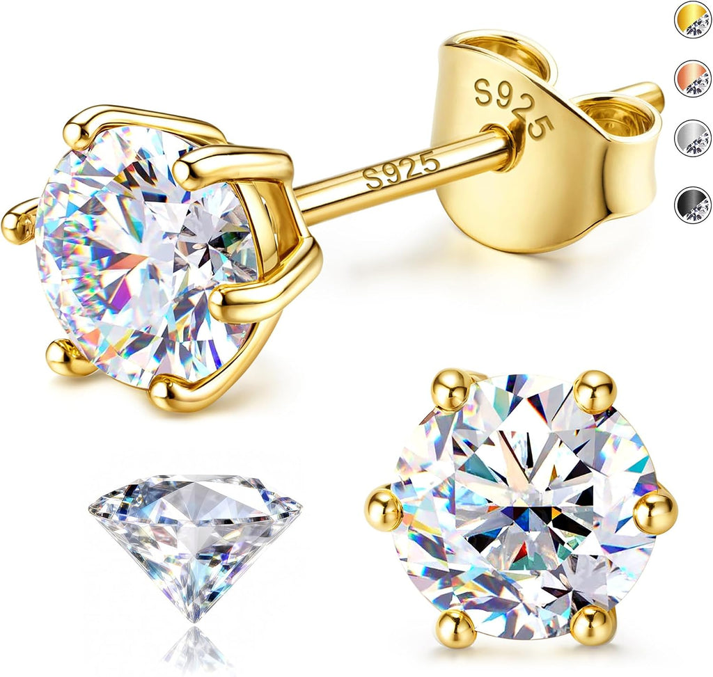 Unisex Moissanite Stud Earrings - Round Brilliant Cut in Four or Six Prong 925 Silver, Nine Finishes and Ten Stone Sizes