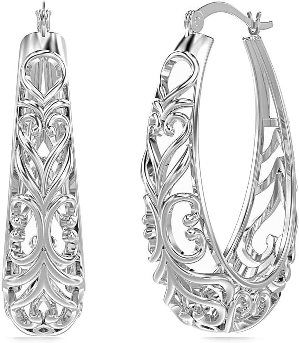 Women's 925 Sterling Silver Filigree Hoop Earrings - Openwork Mesh Cut, Lightweight Vintage Hoops for Everyday Wear - An