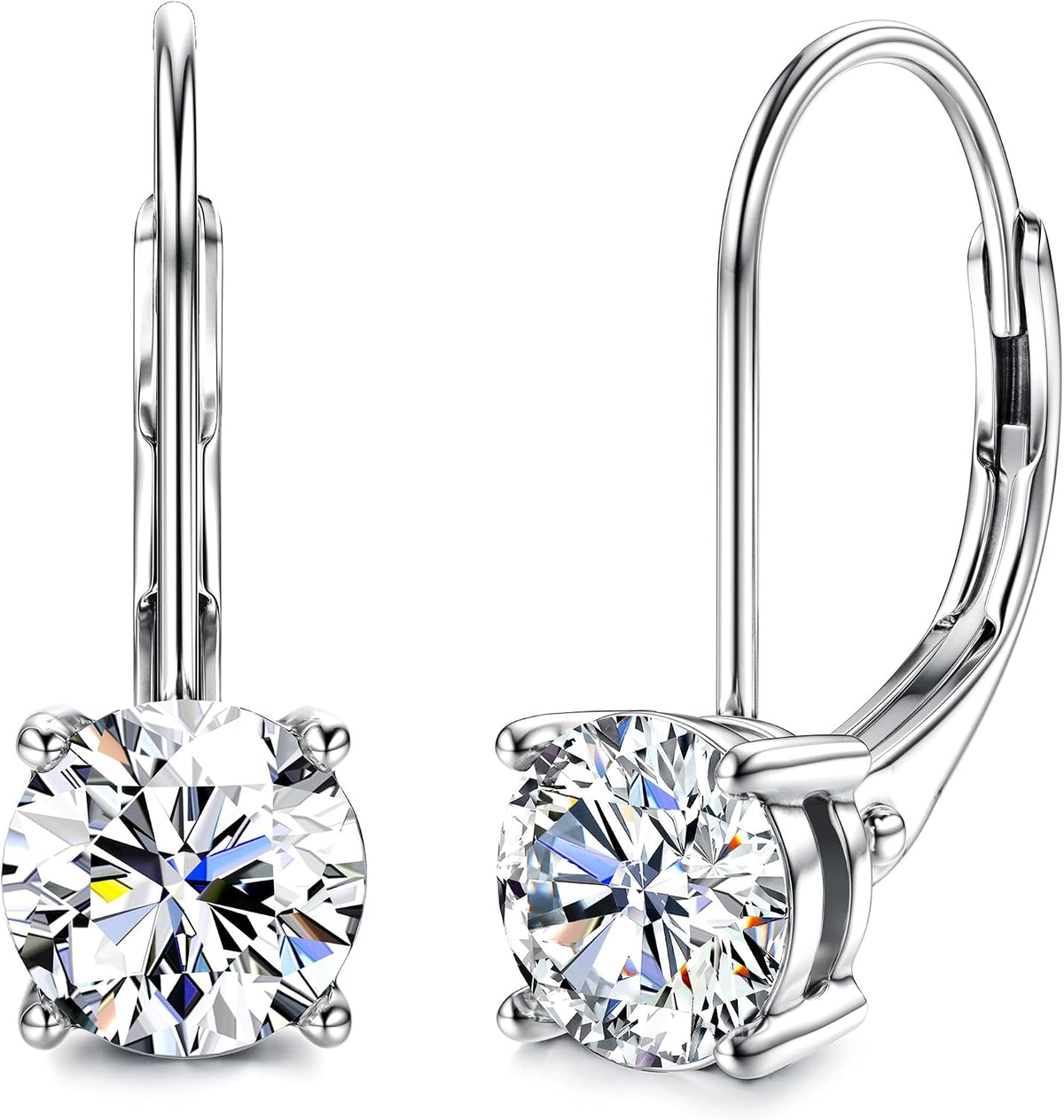 Women's Moissanite Leverback Drop Earrings - Round Brilliant Cut, 925 Sterling Silver, Thirteen Colour Pairings for Wedd