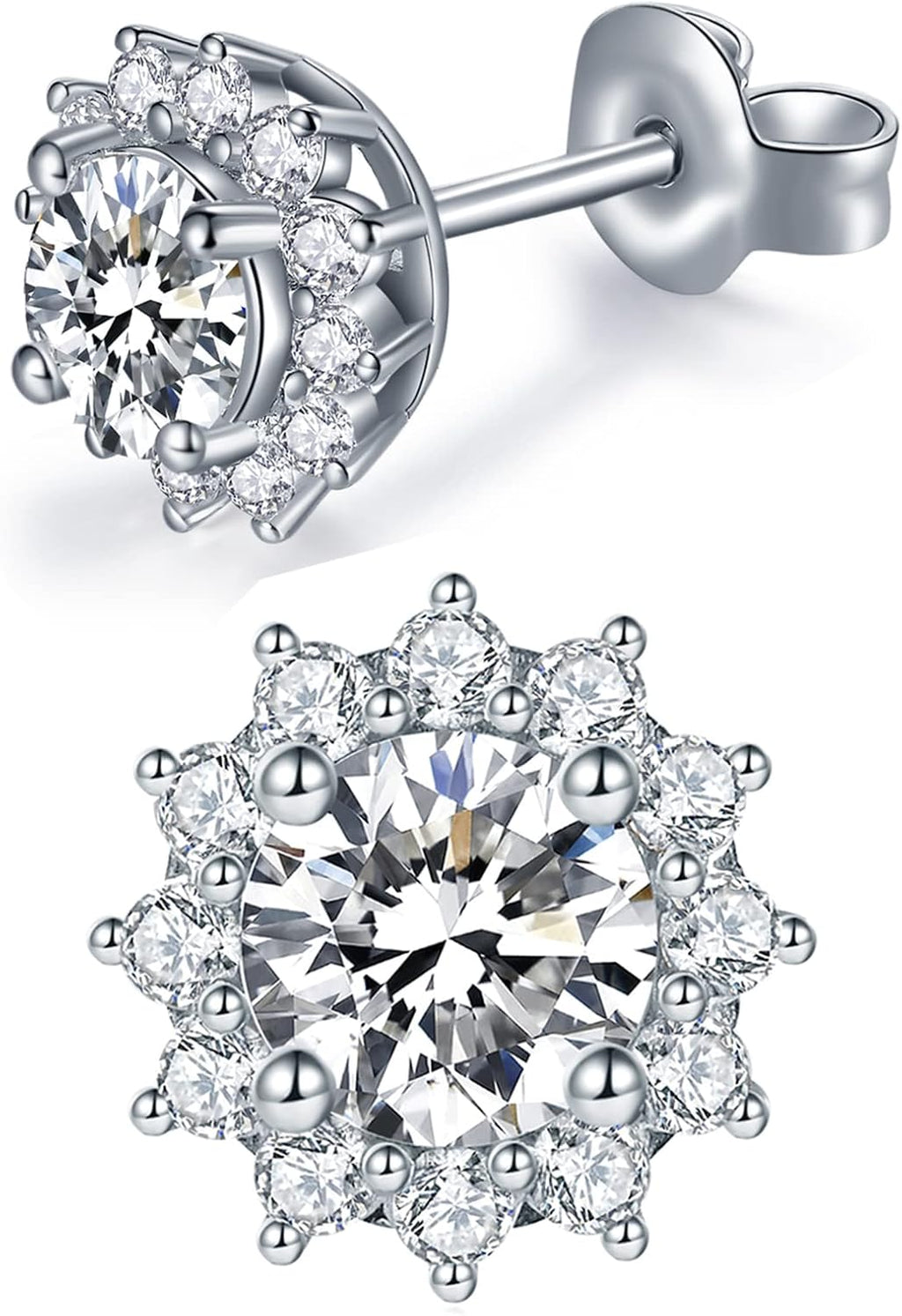 Women's Moissanite Stud Earrings - Sterling Silver with Round, Halo, Heart and Flower Settings in Nine Finishes - 1 CT/P