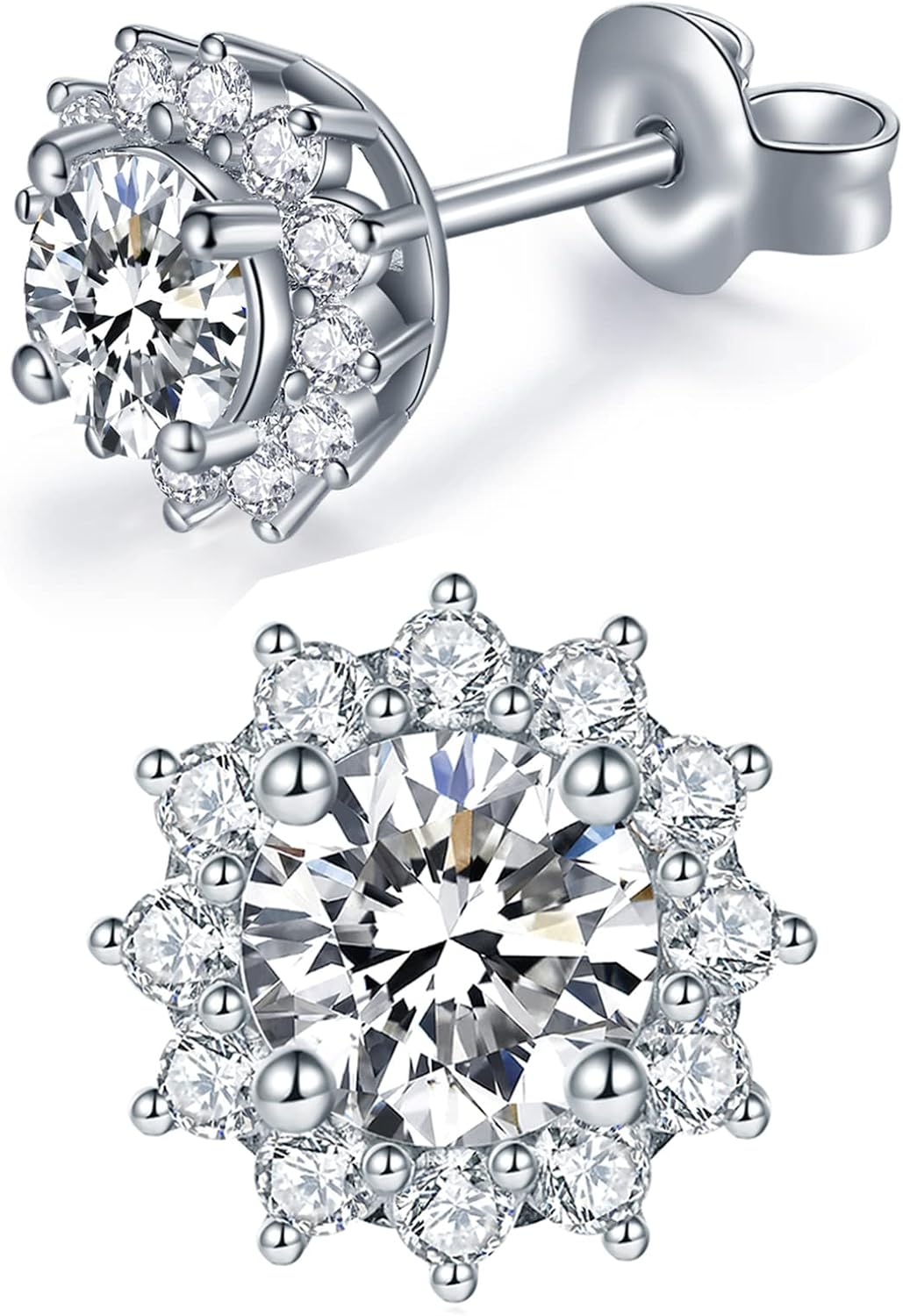 Women's Moissanite Stud Earrings - Sterling Silver with Round, Halo, Heart and Flower Settings in Nine Finishes - 1 CT/P