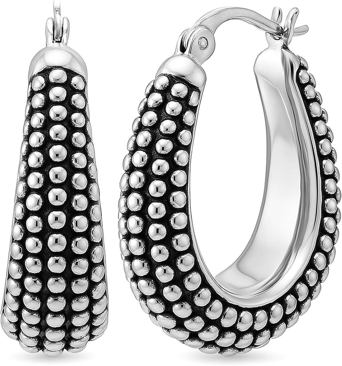 Women's Bali Style Beaded Hoop Earrings - 925 Sterling Silver, Click Top Closure, Antique Two Tone Finish for Daily Wear