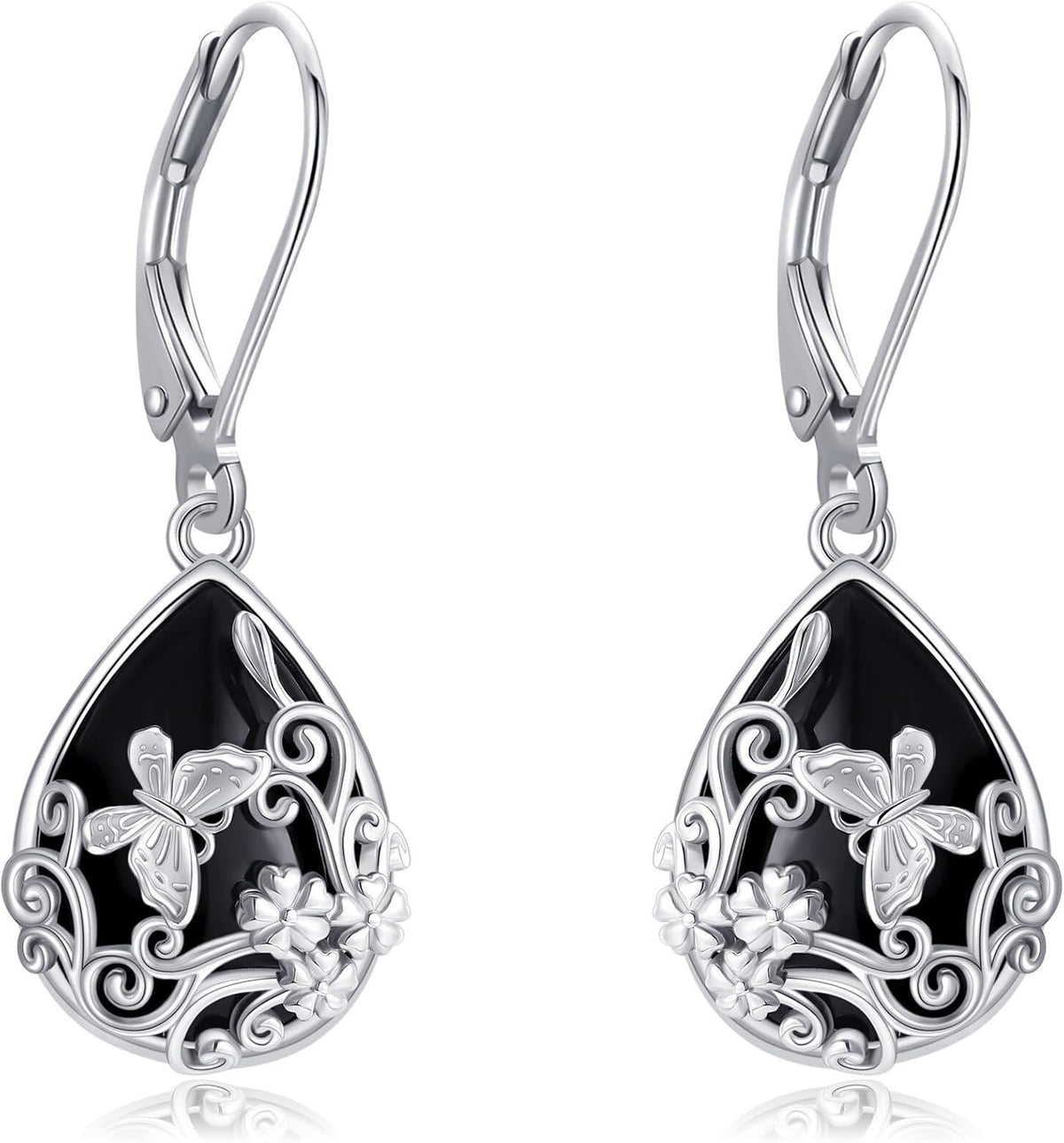 Women's Black Onyx Filigree Drop Earrings - 925 Sterling Silver Scrollwork, Eight Stone and Motif Styles for Evening Wea