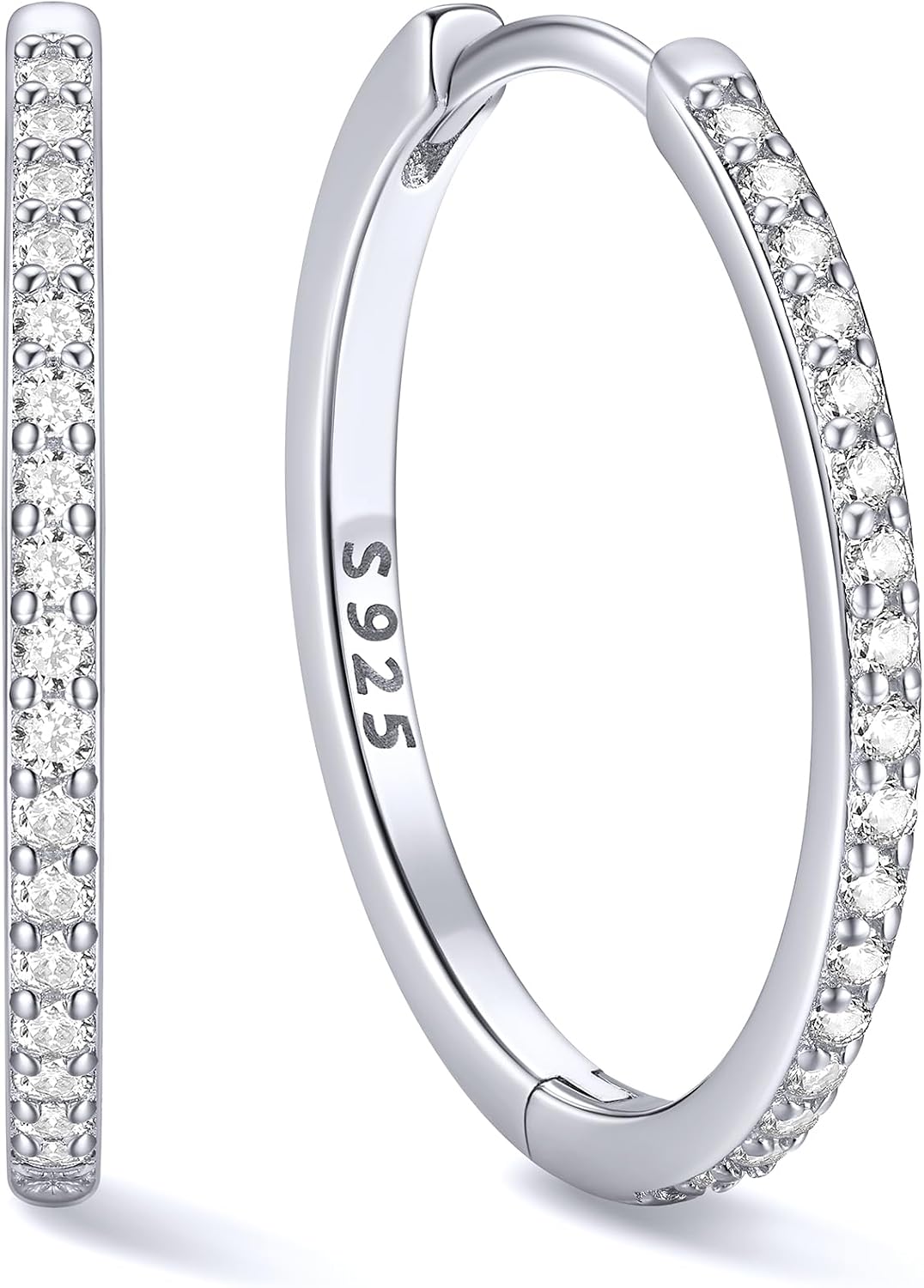 Women's Cubic Zirconia Hoop Earrings - 925 Sterling Silver, Eight Sizes from 6mm to 20mm in Three Finishes for Daily Wea