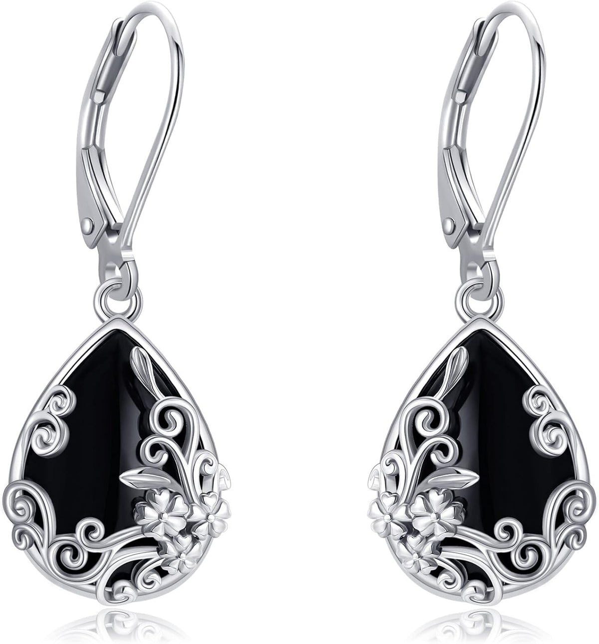 Women's Black Onyx Filigree Drop Earrings - 925 Sterling Silver Scrollwork, Eight Stone and Motif Styles for Evening Wea