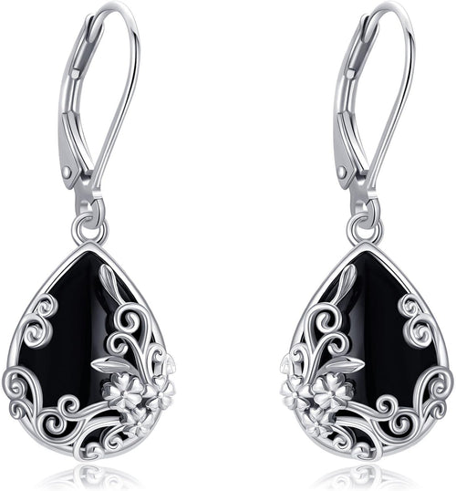 Women's Black Onyx Filigree Drop Earrings - 925 Sterling Silver Scrollwork, Eight Stone and Motif Styles for Evening Wea
