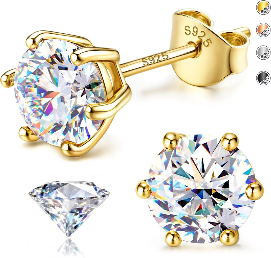 Unisex Moissanite Stud Earrings - Round Brilliant Cut in Four or Six Prong 925 Silver, Nine Finishes and Ten Stone Sizes