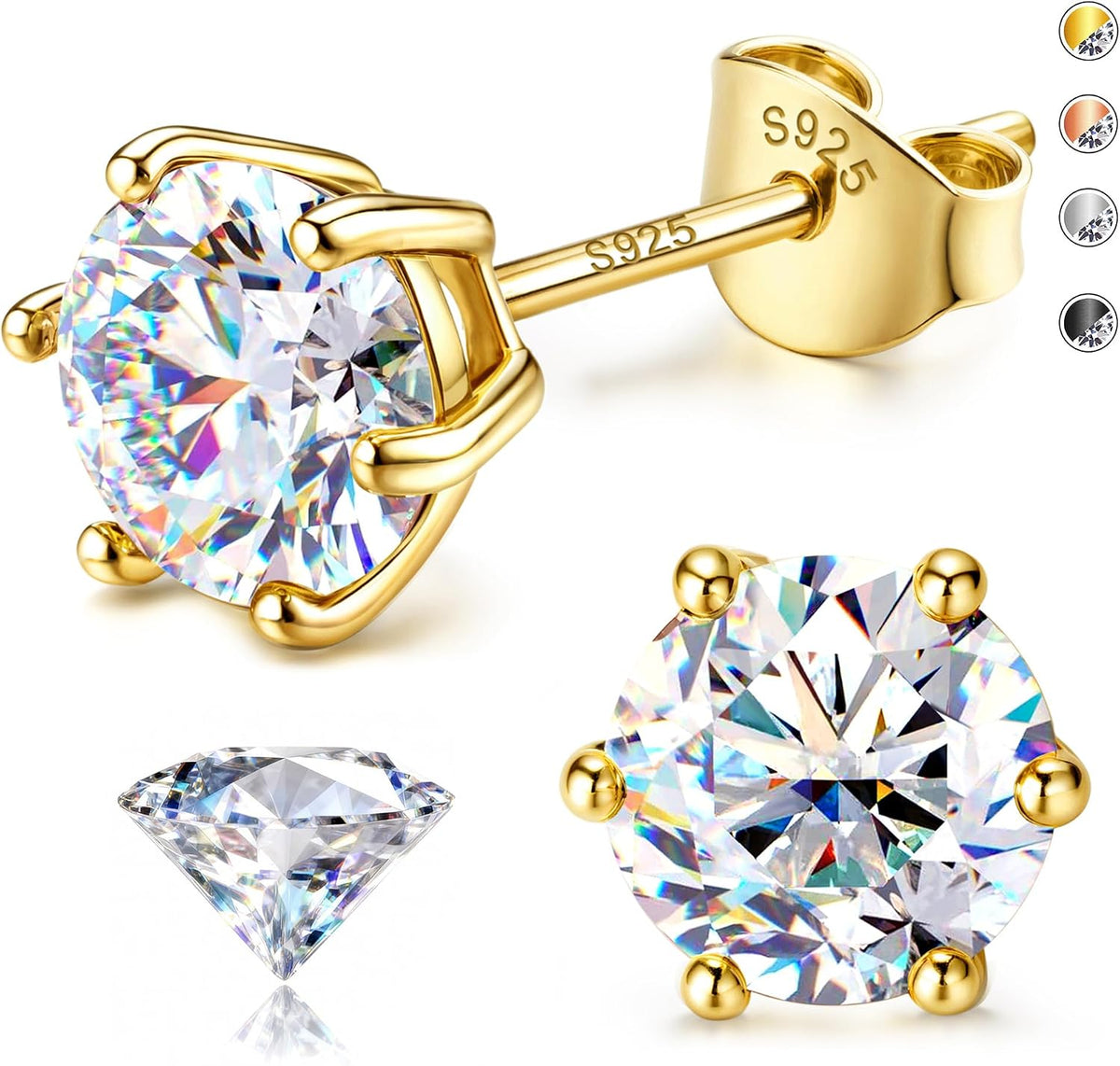 Unisex Moissanite Stud Earrings - Round Brilliant Cut in Four or Six Prong 925 Silver, Nine Finishes and Ten Stone Sizes