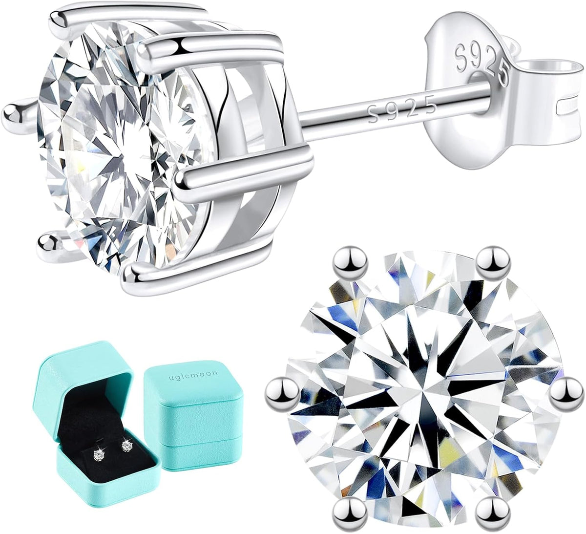 Unisex Moissanite Solitaire Stud Earrings - 0.6ctw to 3.0ctw, 925 Sterling Silver, 14K White Gold Plated for Daily Wear 