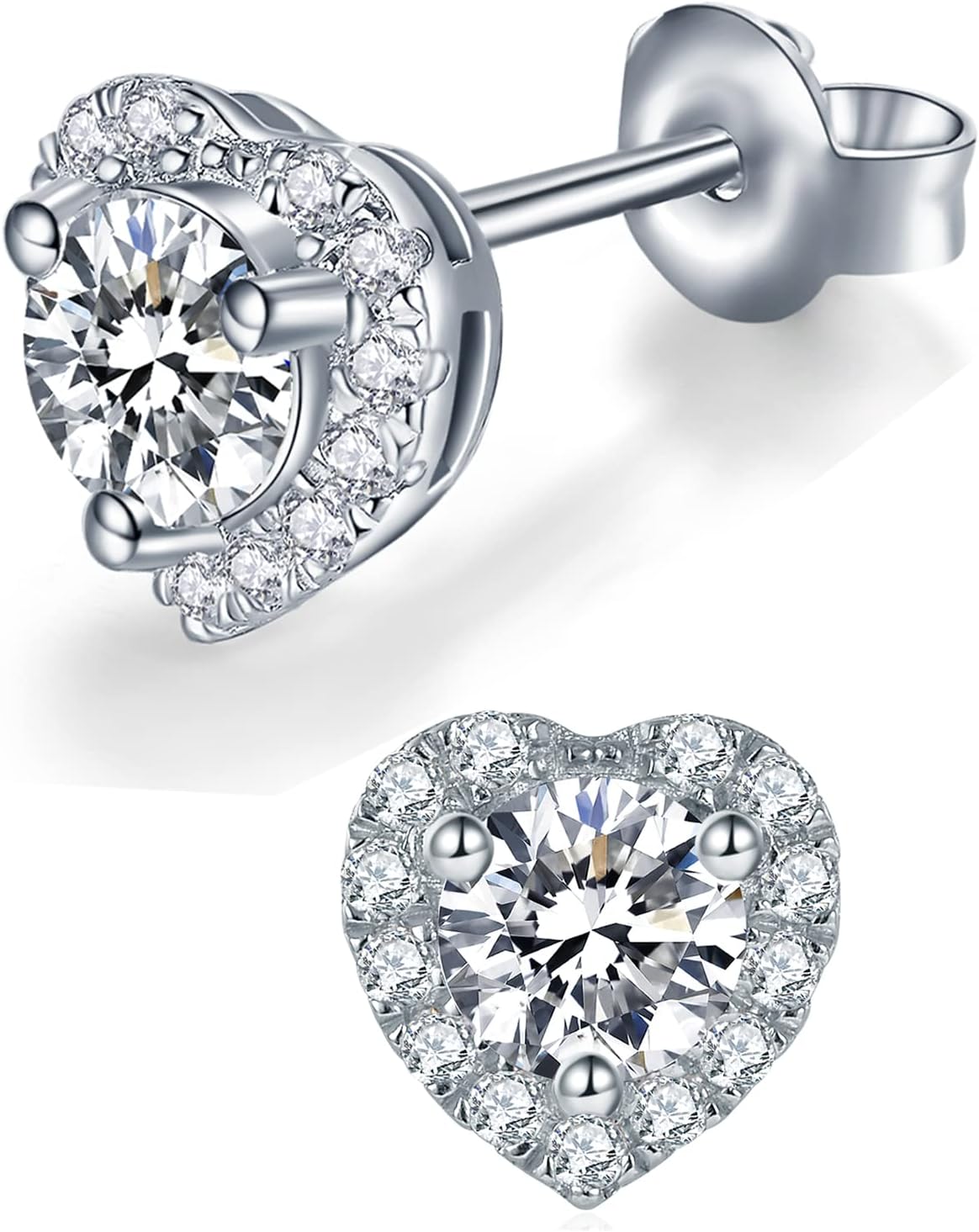 Women's Moissanite Stud Earrings - Sterling Silver with Round, Halo, Heart and Flower Settings in Nine Finishes - 2 CT/P
