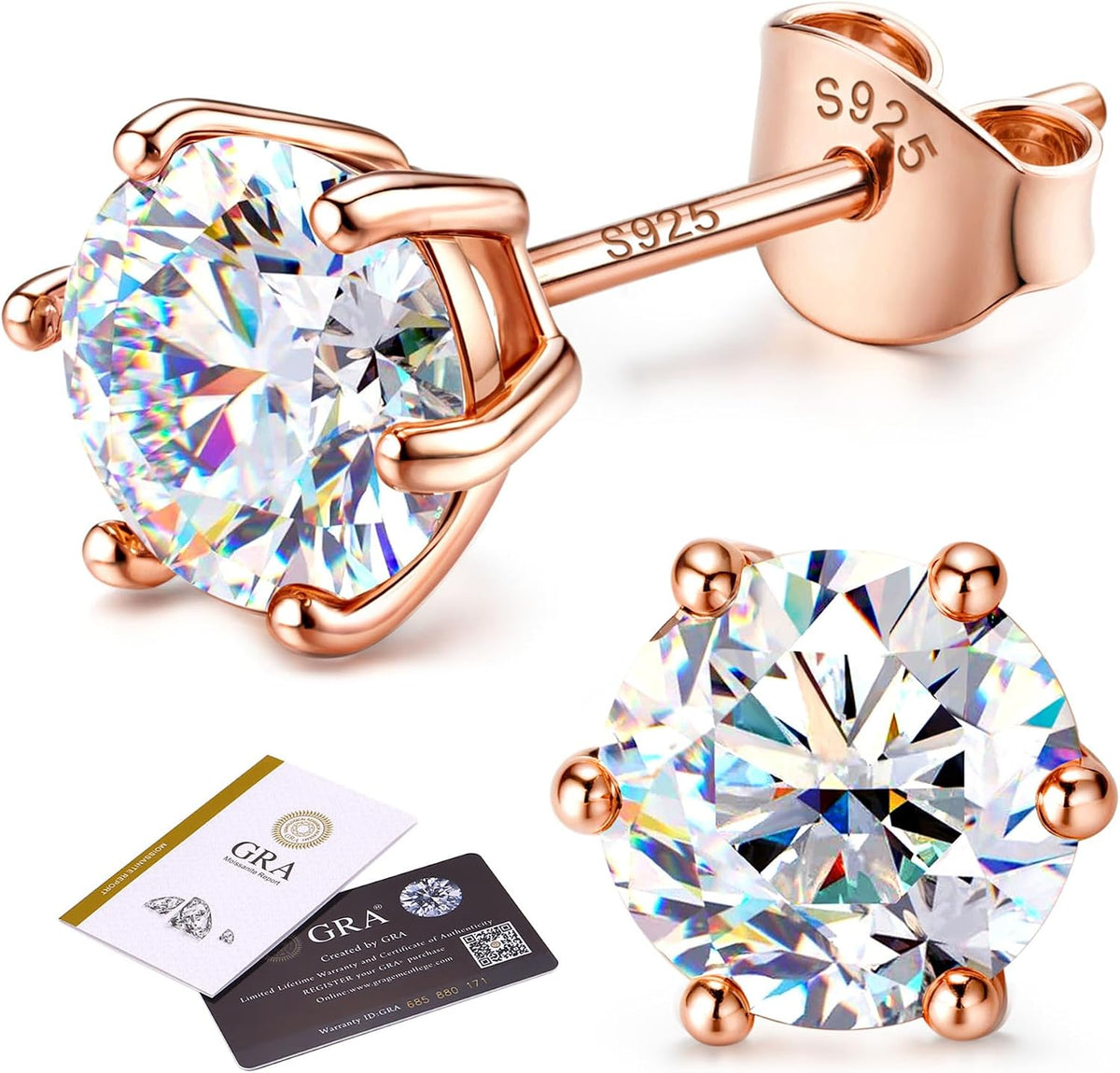 Unisex Moissanite Stud Earrings - Round Brilliant Cut in Four or Six Prong 925 Silver, Nine Finishes and Ten Stone Sizes