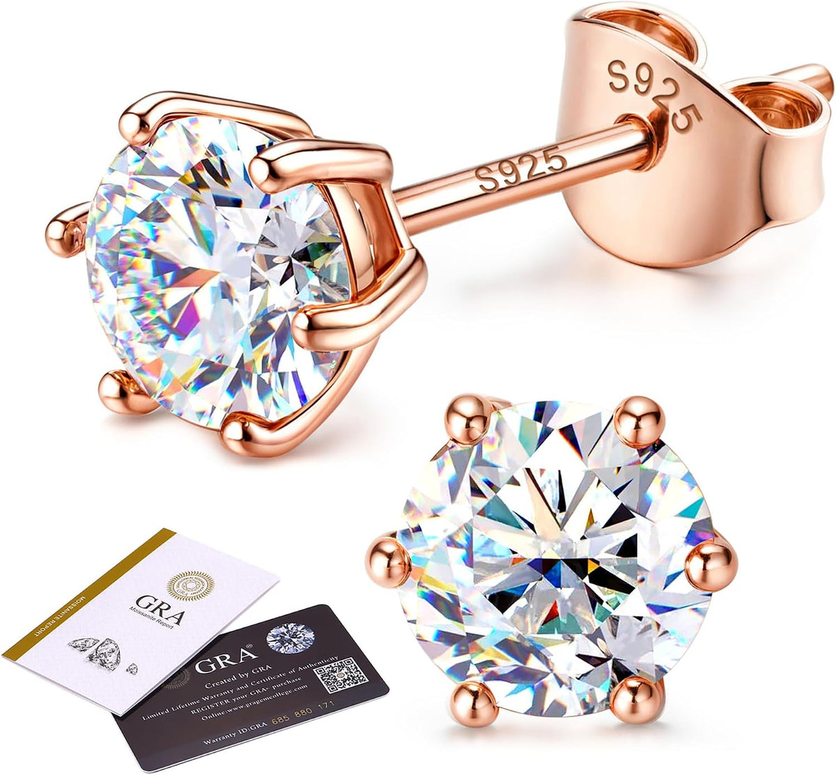 Unisex Moissanite Stud Earrings - Round Brilliant Cut in Four or Six Prong 925 Silver, Nine Finishes and Ten Stone Sizes