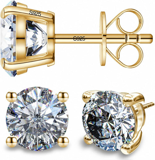 Unisex Moissanite Stud Earrings - 925 Sterling Silver, 14K Gold Plated, Six Carat Sizes from 4mm to 8mm for Daily Wear -
