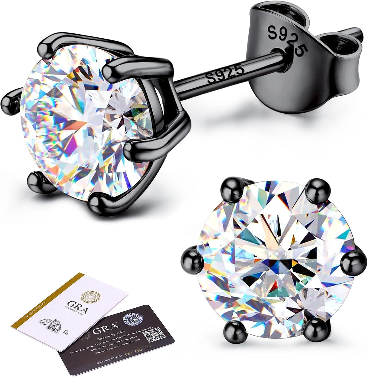 Unisex Moissanite Stud Earrings - Round Brilliant Cut in Four or Six Prong 925 Silver, Nine Finishes and Ten Stone Sizes