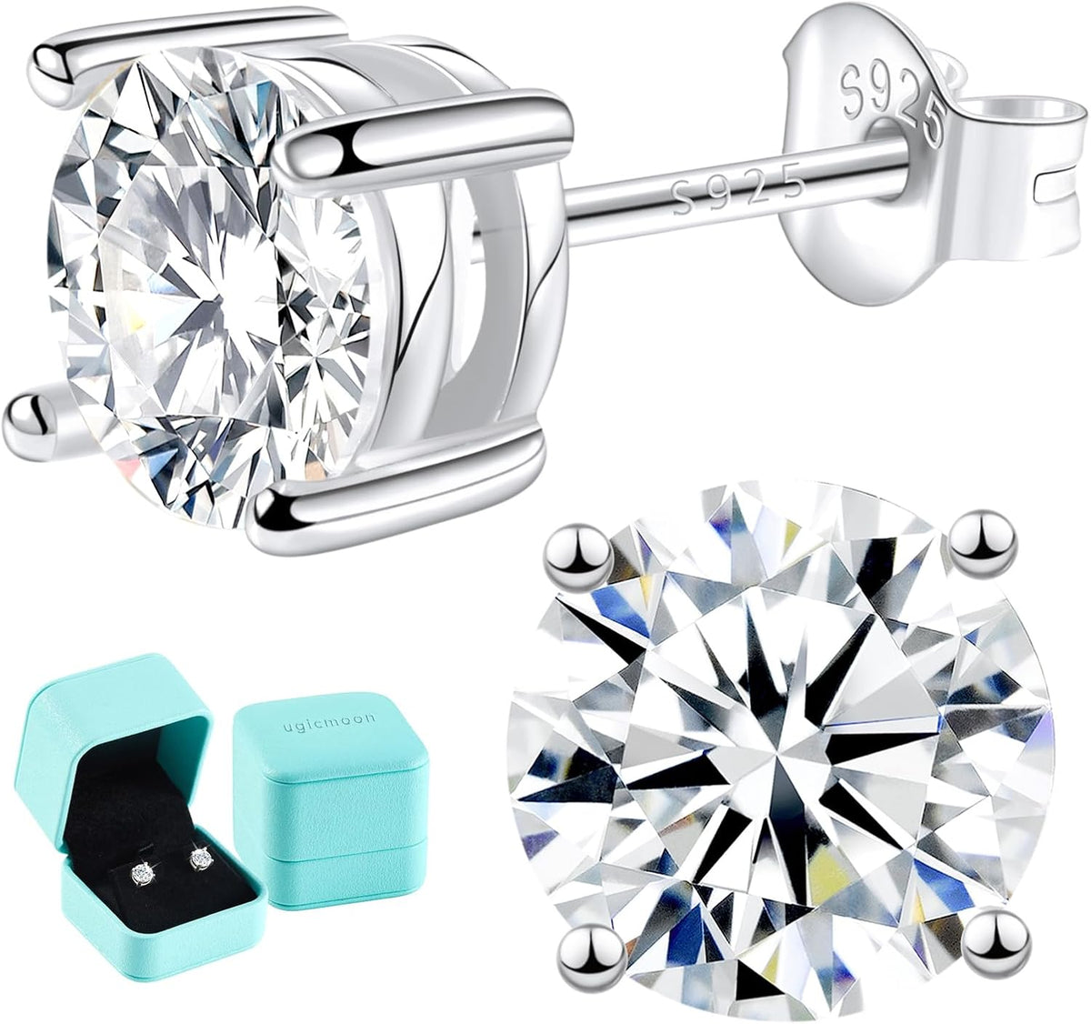 Unisex Moissanite Solitaire Stud Earrings - 0.6ctw to 3.0ctw, 925 Sterling Silver, 14K White Gold Plated for Daily Wear 