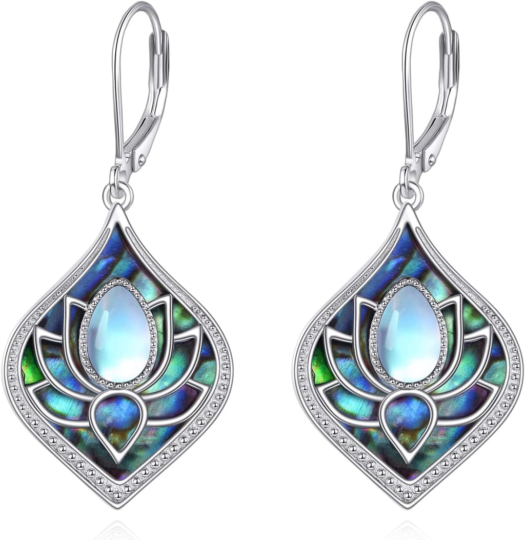 Women's Sterling Silver Lotus Flower Drop Earrings - Openwork Petals, Nine Motif Styles, Lightweight Dangles for Yoga Gi