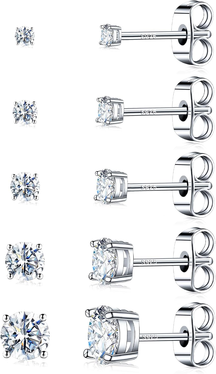 Women's Moissanite Stud Earring Set - Five Pairs in 925 Sterling Silver, Graduated 2mm to 5mm for Stacked Piercings - 14
