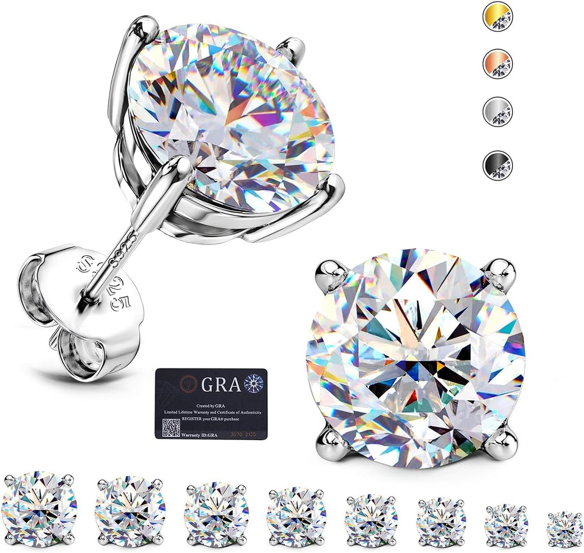 Unisex Moissanite Stud Earrings - Round Brilliant Cut in Four or Six Prong 925 Silver, Nine Finishes and Ten Stone Sizes