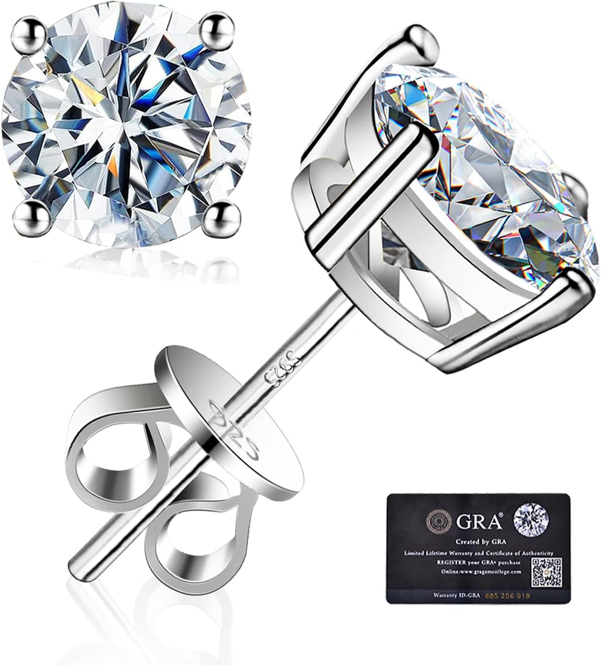 Unisex Moissanite Stud Earrings - 925 Sterling Silver, White Gold Plated, Eight Carat Weights from 0.6ctw for Weddings -