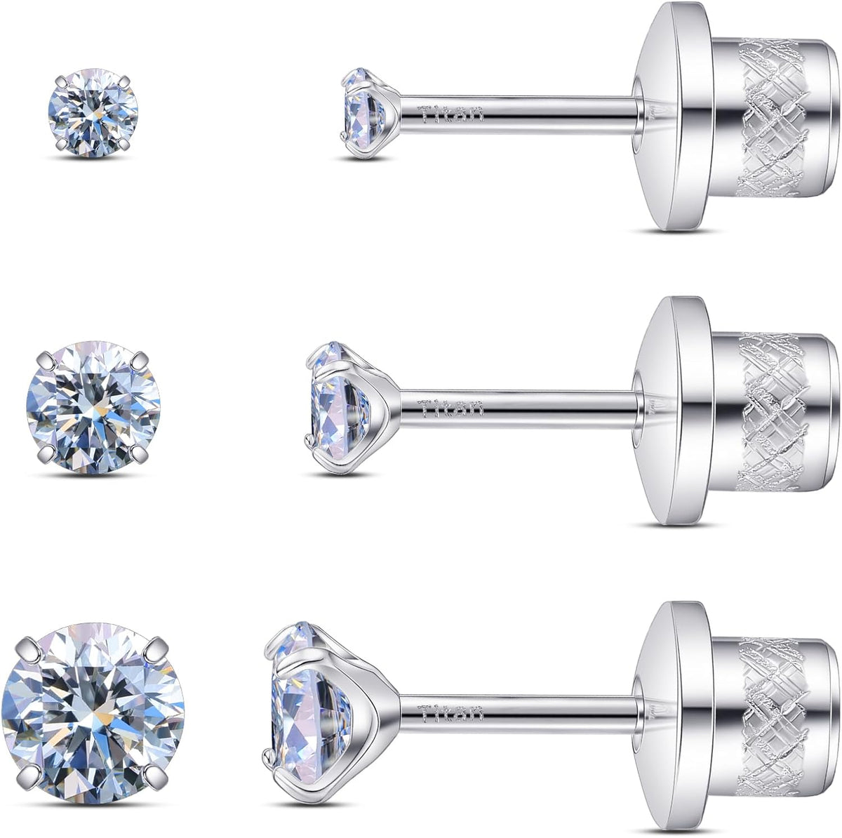 Women's Titanium Flat Back Stud Earrings - Set of Three Pairs, Implant Grade 20G Posts with Moissanite for Sensitive Ear