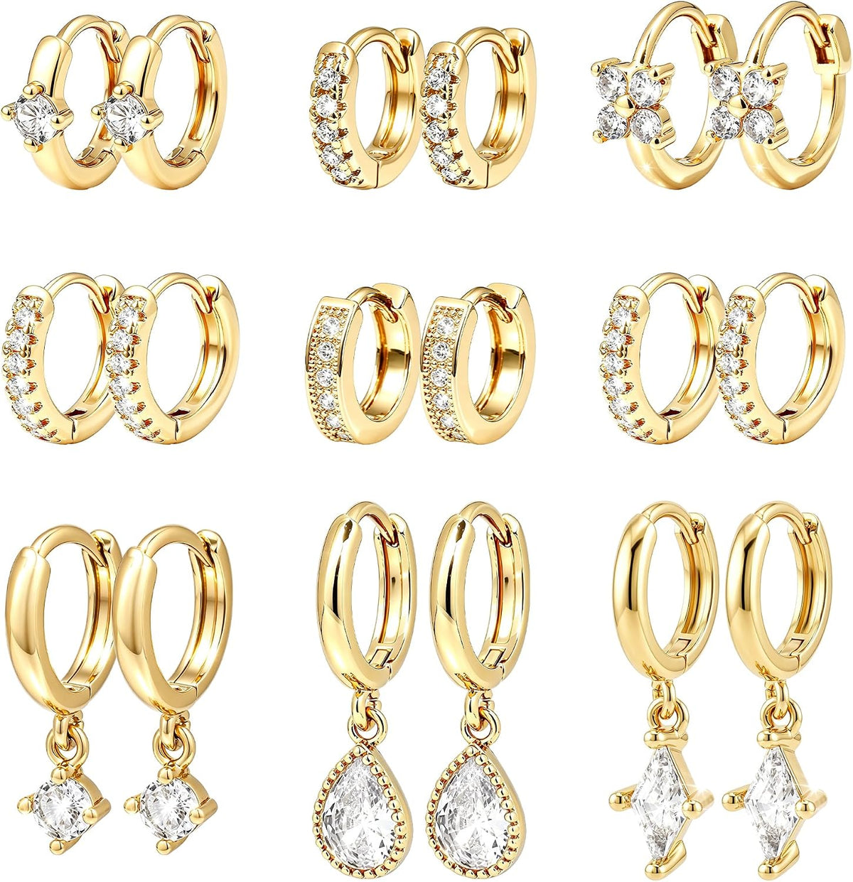 Women's Chunky Huggie Hoop Earring Set - 14K Gold Plated, Up to Eighteen Pairs for Stacking Multiple Piercings - Gold-6 