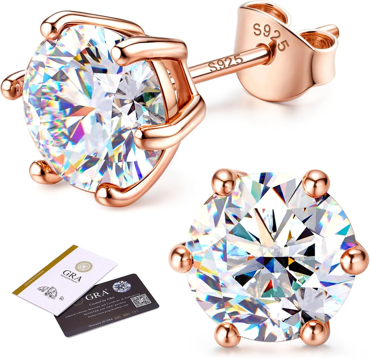 Unisex Moissanite Stud Earrings - Round Brilliant Cut in Four or Six Prong 925 Silver, Nine Finishes and Ten Stone Sizes