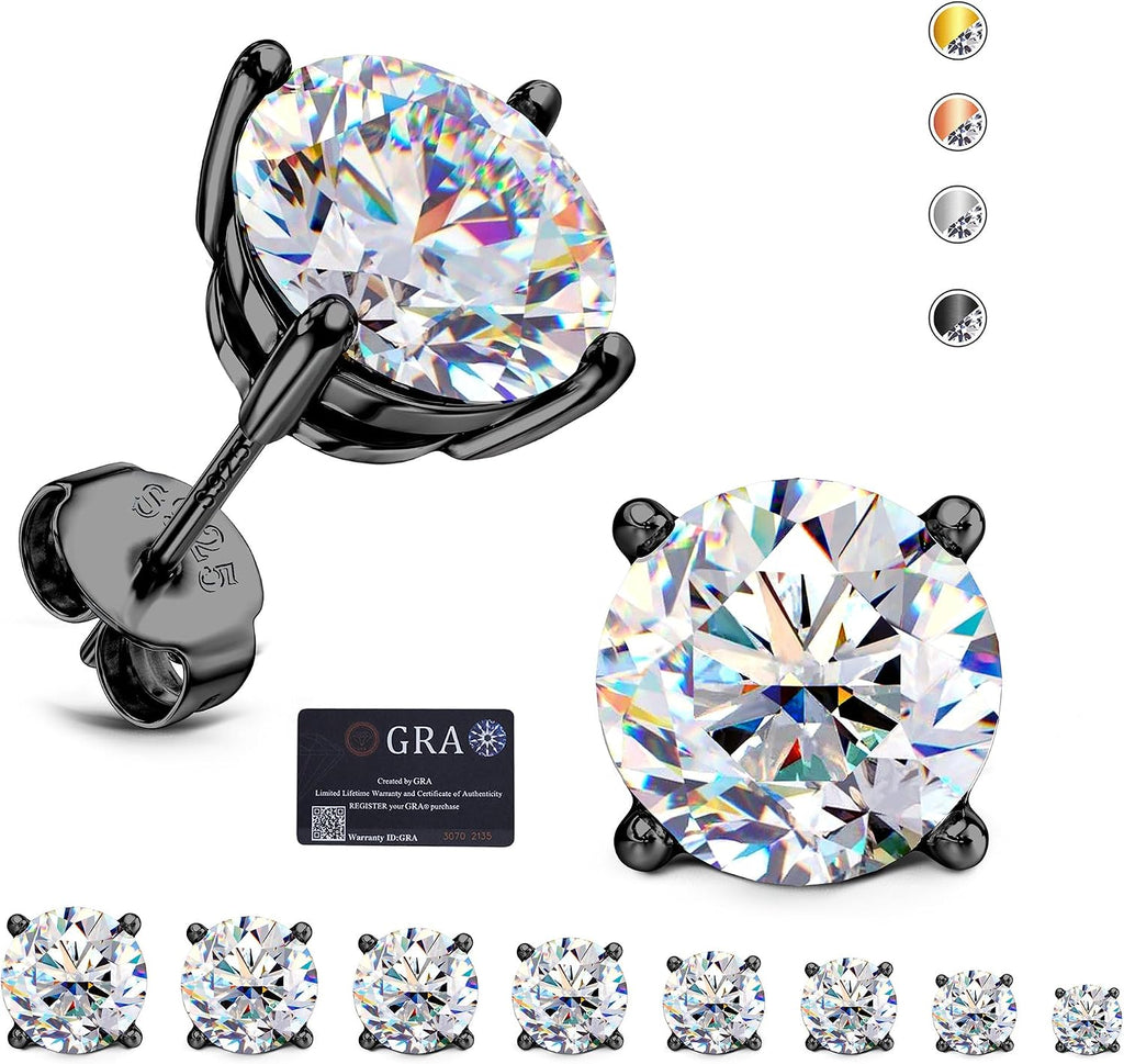 Unisex Moissanite Stud Earrings - Round Brilliant Cut in Four or Six Prong 925 Silver, Nine Finishes and Ten Stone Sizes